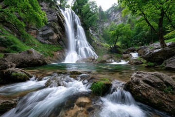 Fototapeta premium Serene Waterfall Cascading into a Rocky Stream