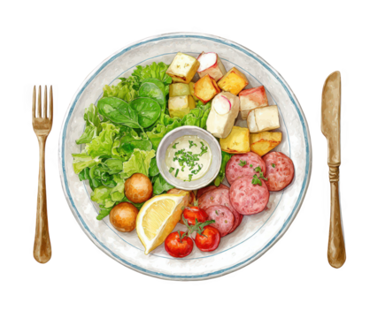 A delicious and healthy salad with fresh ingredients, including lettuce, tomatoes, potatoes, lemon, and sausage, beautifully arranged on a plate with cutlery, isolated on transparent background