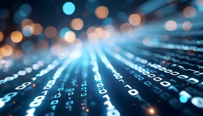 Abstract digital stream of binary code flowing into the distance with glowing lights.