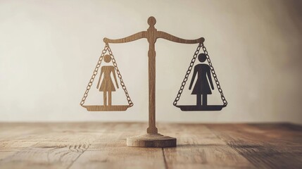 A wooden balance scale with two female figures on each side, representing gender equality.