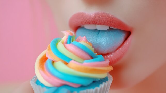 Close-up of Woman with Bright Pink Lips Licking Blue Rainbow Ice Cream