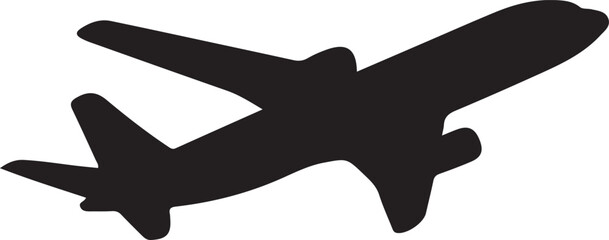 Black silhouette of a passenger airplane in flight with wings extended and tail visible Keywords: airplane, aircraft, plane, jet, flight, flying, travel, transportation, aviation, air travel, sky