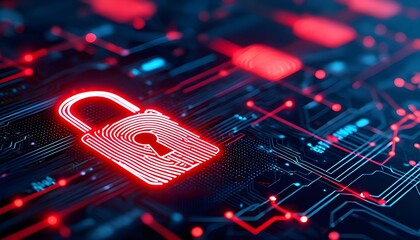 A glowing red padlock superimposed on a circuit board, symbolizing digital security and data protection.