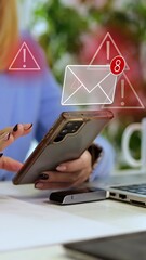 Person Using A Smartphone With Digital Overlays Of Email and Phishing Messages. Vertical