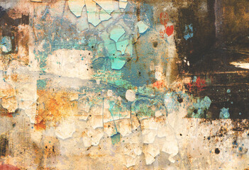 La pared desgastada revela historia visual: capas de color, deterioro y arte abstracto espontáneo.Superficie de pared con pintura descascarada, colores turquesa, blanco, naranja, marrón, negro y rojo.