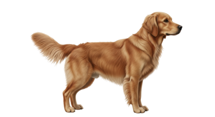 Isolated Golden Retriever dog standing attentively with a kind expression, looking right