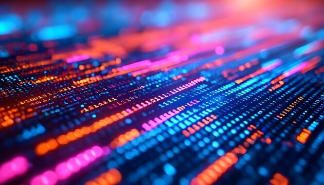 Abstract digital data streams with glowing neon blue and orange particles flowing in a futuristic network.