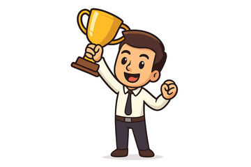 Businessman holding golden trophy. Concept for success, achievement, victory. Competition winner celebrating. Employee recognition award. First place prize cartoon vector.