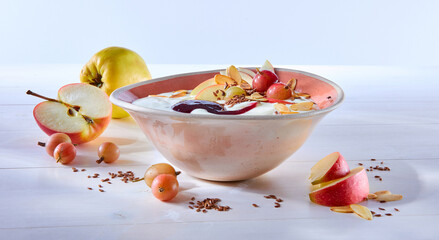 Bowl mit Joghurt und Fruechten Stachelbeeren Quitte Apfel Leinsamen, Obst, Müsli
