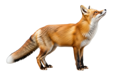 Isolated red fox stands attentively looking up, wild animal with luxurious fur coat
