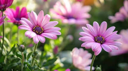 Two pink daisies with purple centers in a garden setting.