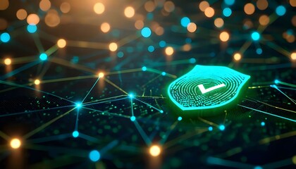 A glowing digital shield with a checkmark, representing cybersecurity and data protection within a network.