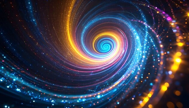 A vibrant cosmic spiral of glowing blue and orange energy streams with sparkling light particles creating a vortex.