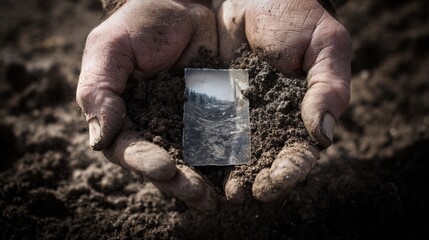 Close-up of weathered hands holding dirt with a photograph and a small envelope, symbolizing secrets buried in the soil.