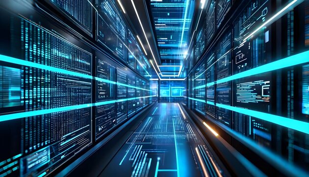 Futuristic data center hallway with glowing blue lights and server racks, showcasing technology. - Powered by Adobe