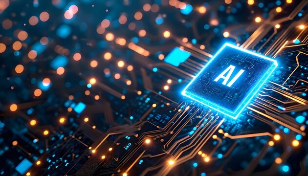 A glowing blue AI microprocessor chip on a complex circuit board with futuristic digital light trails. - Powered by Adobe