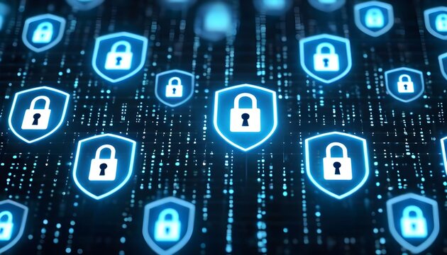 A digital representation of cybersecurity with glowing blue shields and padlocks against a backdrop of binary code.
