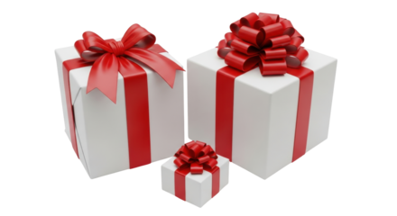 Isolated three gift boxes wrapped in white paper with red ribbons and bows for holiday event