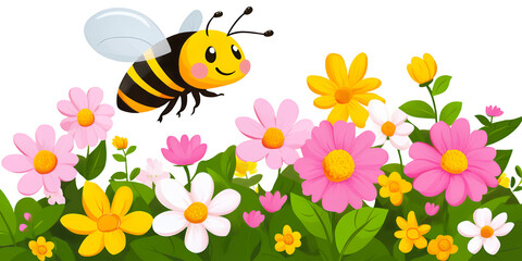 Cartoon bee with stripes and wings flying above a colorful border of pink yellow and white flowers amidst green foliage