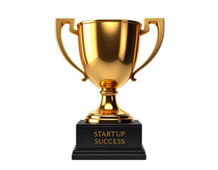 Golden Startup Success Trophy on Pedestal, Realistic 3D Render, Isolated on Transparent Background