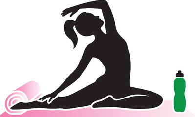 Silhouette of a woman doing yoga on a pink mat with a rolled yoga mat and green water bottle fitness