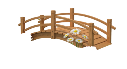 Isolated wooden bridge with daisies outdoors, arched footbridge with rustic design over creek