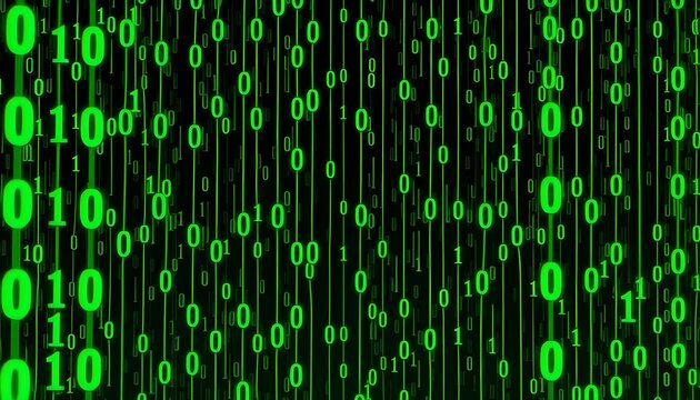 A digital representation of binary code, featuring a matrix of green zeros and ones.