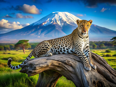 A leopard resting on a log with a snowcapped mountain in the background