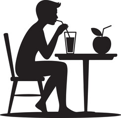Silhouette of a boy sitting at a table drinking from a glass with a straw and an apple on the table vector