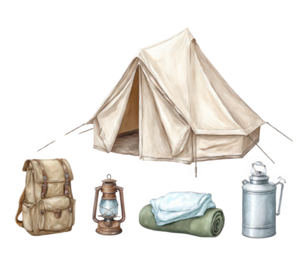 Camping equipment including a bell tent, backpack, lantern, sleeping bag, and water bottle, isolated on transparent background