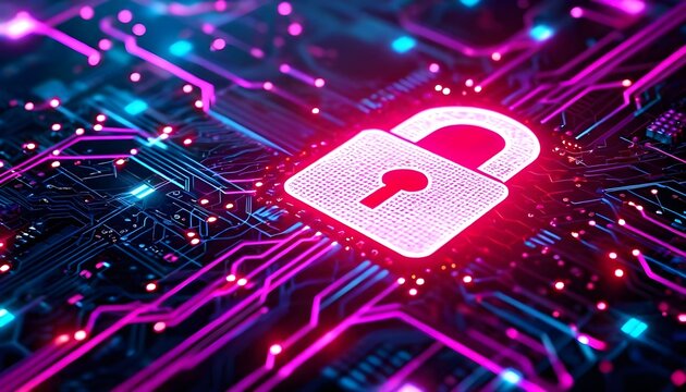 Cybersecurity concept showing a glowing red padlock integrated into a futuristic computer circuit board.