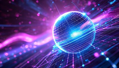 A glowing digital sphere with intricate lines and connections, set against a vibrant purple and blue abstract background.