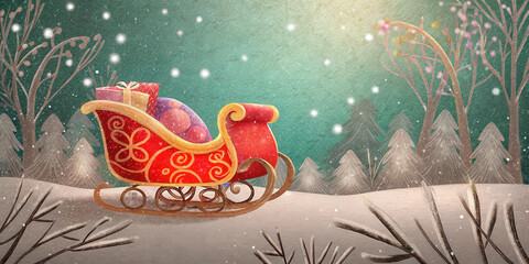 Christmas holiday lifestyle with red sleigh carrying gift box in snowy winter forest scene under soft glowing sky