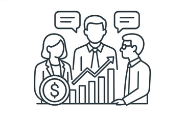 Business team analyzing financial growth and progress, corporate strategy meeting, upward success graph, teamwork and value increase concept, modern line icon vector illustration