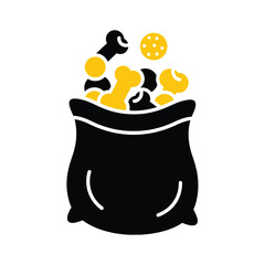Dog Treats Bag Icon, Yellow Black Flat Illustration
