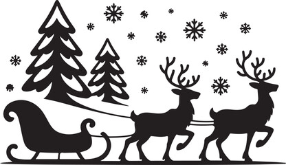 Silhouette of two reindeer pulling a sleigh with Christmas trees and snowflakes Keywords: Christmas, reindeer, sleigh, Santa, winter, snow, snowflakes, trees, pine trees, festive, holiday, season