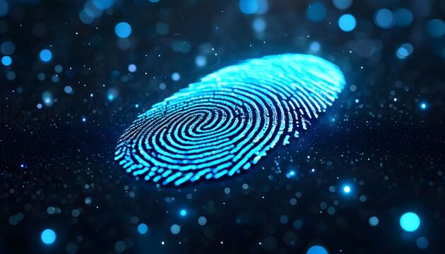 Digital fingerprint with glowing blue light and particles on a dark background.