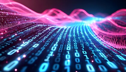 Abstract digital data stream flowing through a network of binary code, representing information.