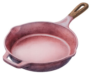 A pink cast iron skillet with a wooden handle, perfect for cooking and baking, isolated on a transparent background