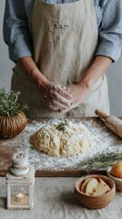Fototapeta premium In a cozy kitchen, a person is kneading dough on a floured wooden surface, surrounded by fresh ingredients and decorative elements. The atmosphere is homey and inviting