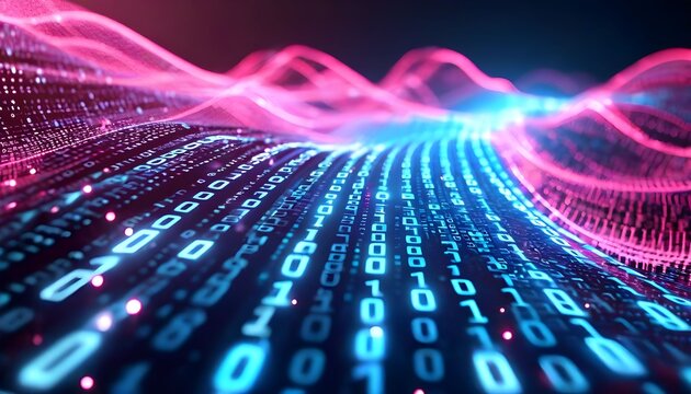 Abstract digital data stream flowing through a network of binary code, representing information.