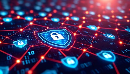 Abstract visualization of a secure digital network with glowing blue shields and red connections.