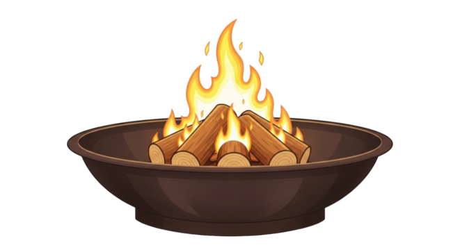 Isolated campfire cartoon illustration with burning firewoods inside a large brown bowl object