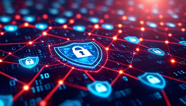 Abstract visualization of a secure digital network with glowing blue shields and red connections.