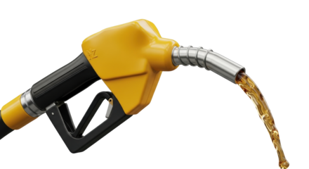 Isolated fuel dispenser filling with gasoline, yellow pump nozzle in service station business