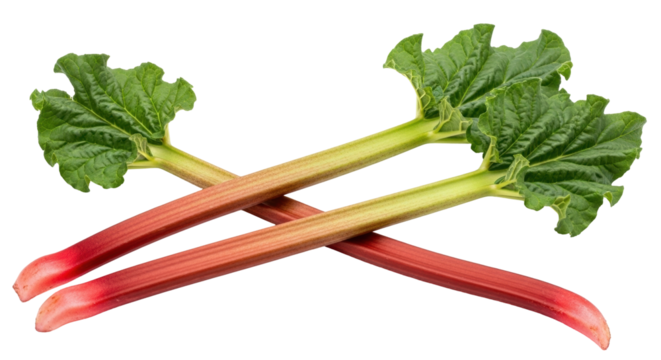Isolated Rhubarb Stalks in a Pile with Green Leaves and Red Stems, Fresh Ingredient