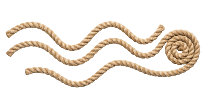 Isolated curved brown ropes, twisted in a coil, nautical and decorative element, fiber material