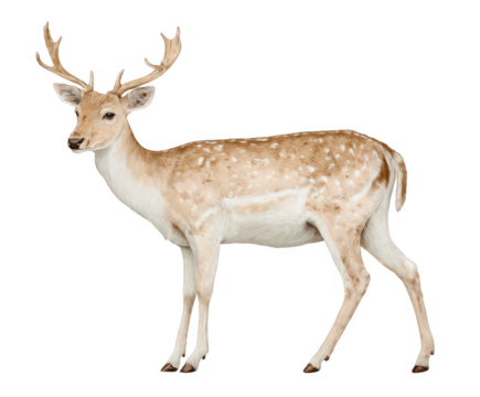 A graceful fallow deer with distinctive white spots on its coat stands elegantly, isolated on a pure transparent background, showcasing its majestic antlers and alert posture in a studio setting