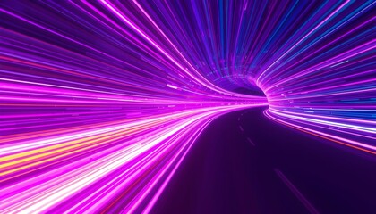 A vibrant tunnel of purple and pink neon lights streaks into the distance, creating a sense of speed and futuristic travel.