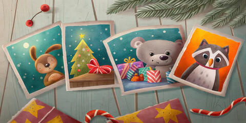 Christmas card holiday lifestyle with cute animal and gift illustrations on wooden background with festive decorations